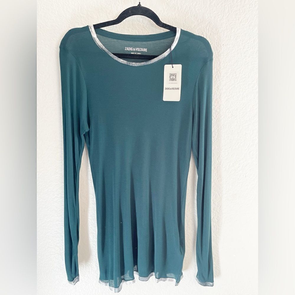 Zadig & Voltaire Willy foil silver Long sleeve top color Peacock Sz Large. NWT - Picture 3 of 7